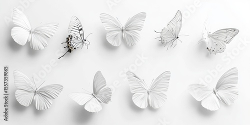 White butterflies arranged on a light background