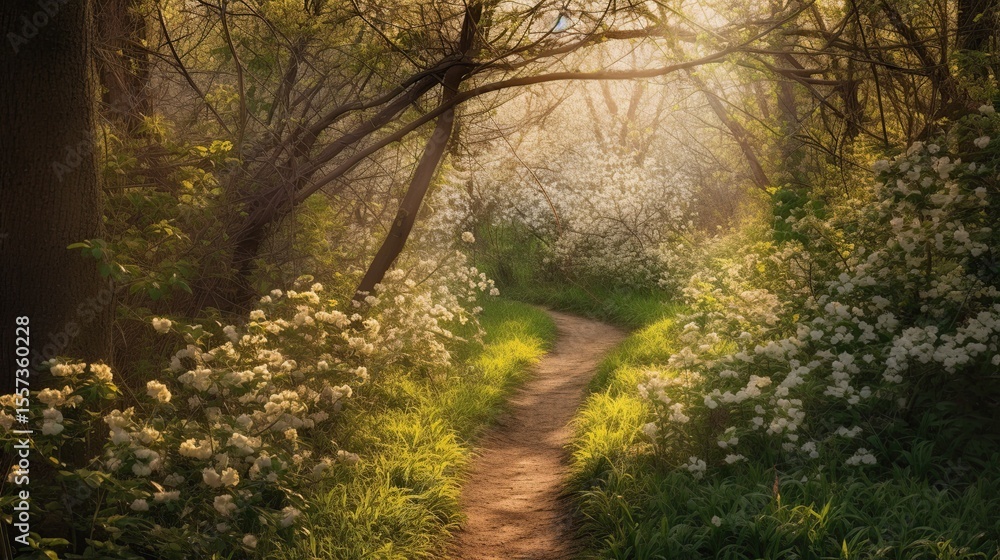 Fototapeta premium Sunlit Path with Spring Blossoms.