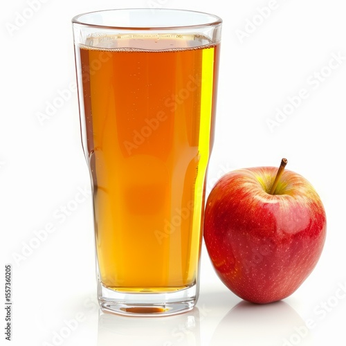 Refreshing apple juice in a glass with a ripe red apple on a white background representing healthy lifestyle