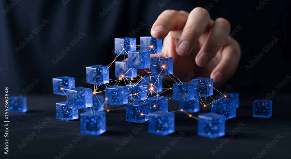 Naklejka premium Blue glass cubes interconnected by glowing lines, a hand carefully arranging them, symbolizing network, connection, and data structure