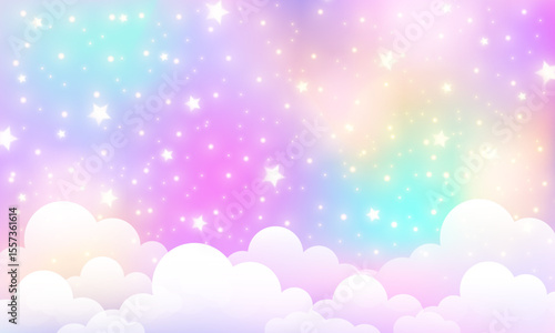 Unicorn background, magical cute kawaii gradient landscape, fantasy rainbow backdrop and mermaid cartoon wallpaper with glitter texture, bokeh neon light, pink sky cloud and iridescent sparkle star.