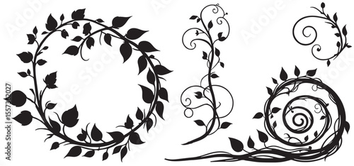 jungle lianas branches silhouette, tropical forest climbing sprouts. Rainforest garden hanging liana vines elements vector illustration set