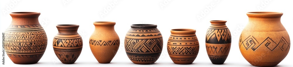 Collection of terracotta decorative jars with intricate patterns Collection of terracotta decorative jars with intricate patterns