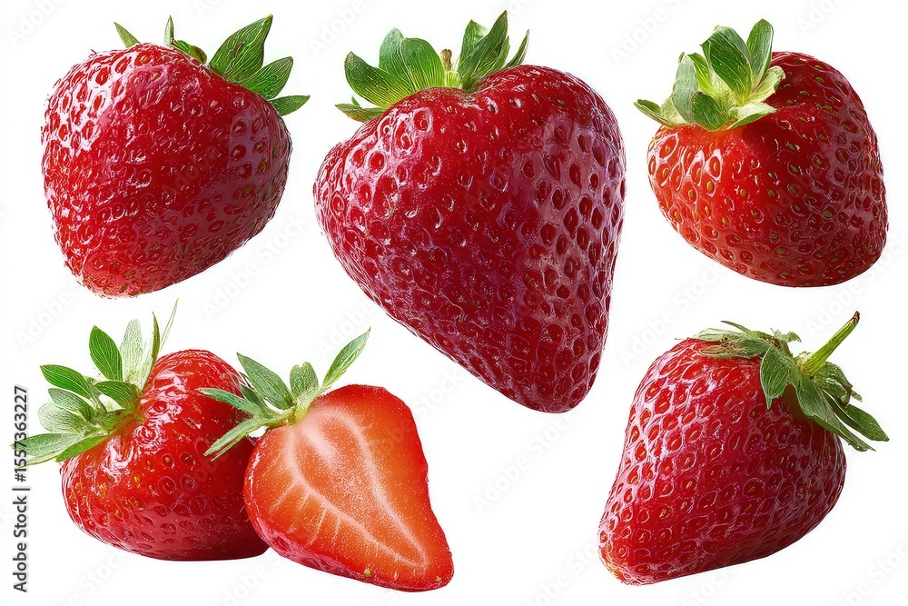 Fresh strawberries with cut section, glossy red fruit display highlighting texture and juiciness isolated on white background Fresh strawberries with cut section, glossy red fruit display highlighting texture and juiciness isolated on white background
