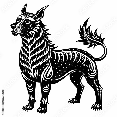 Intricate Black and White Tribal Art of Mythical Canine Creature