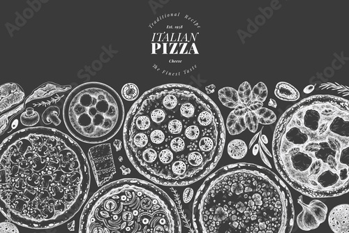 Hand Drawn Vector Pizza Seamless Pattern. Not AI Generated Illustration. Retro Pizza Chalk Board Design Template. Old School Italian Food Background