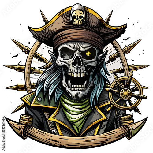 Skeleton Pirate Captain with Nautical Wheel and Cannon Illustration