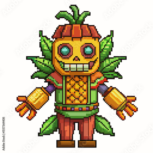 Retro Pixel Art Robot with Colorful Plant Elements and Friendly Expressions in Fun Digital Style
