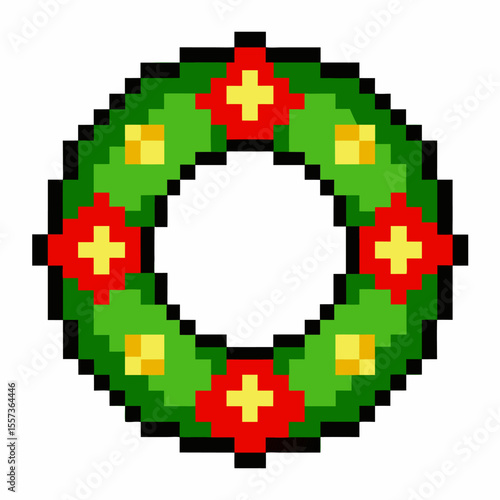 Pixel Art Christmas Wreath with Green Leaves and Red Berries on White Background
