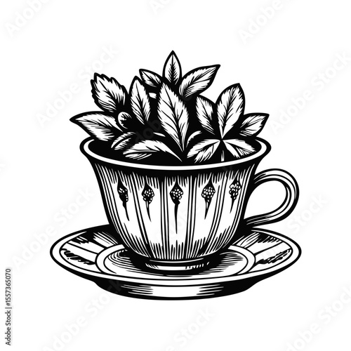 Hand-Drawn Engraving of Teacup Filled with Fresh Herbs for Herbal Tea Blogs, Culinary Websites, Home Gardening Articles, and Wellness Content  
