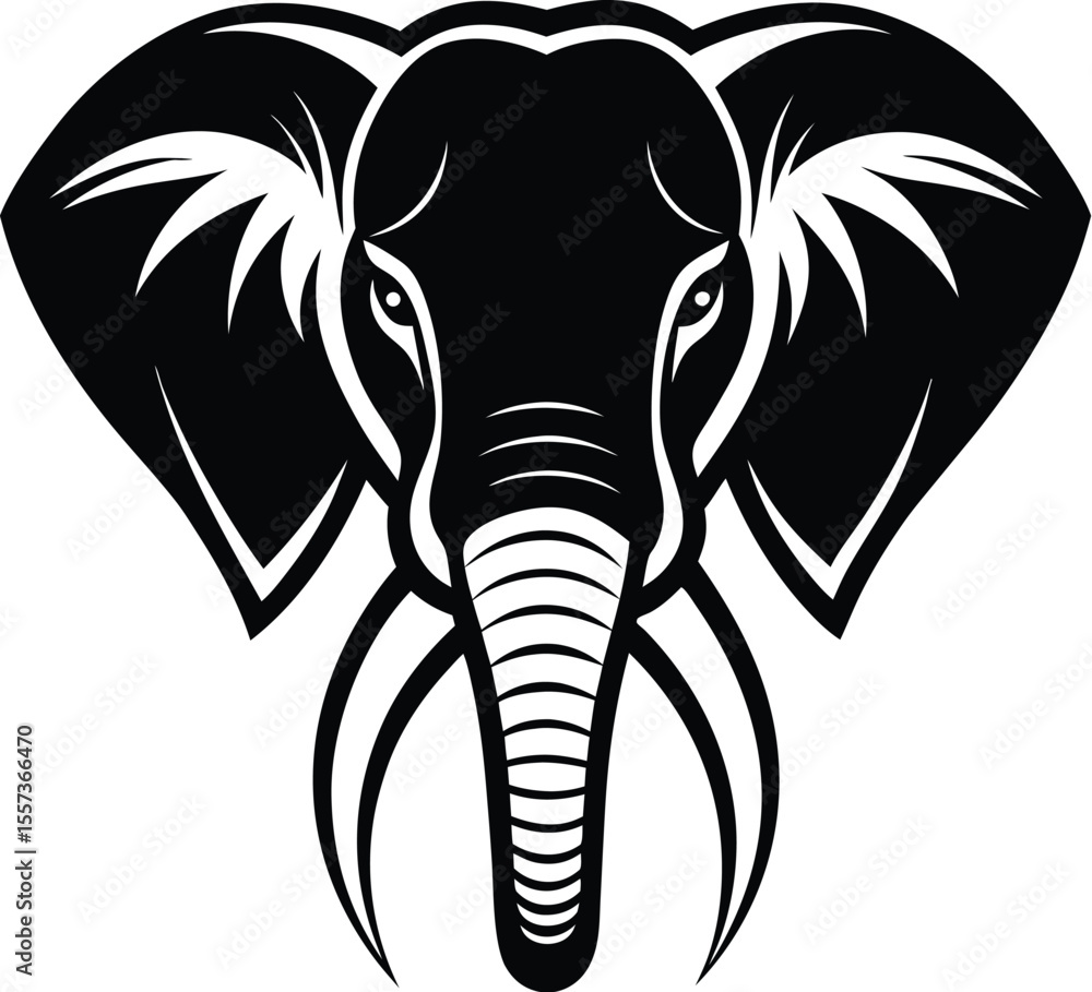 Obraz premium Elephant head silhouette, vector line art, animal outline graphic, black and white elephant