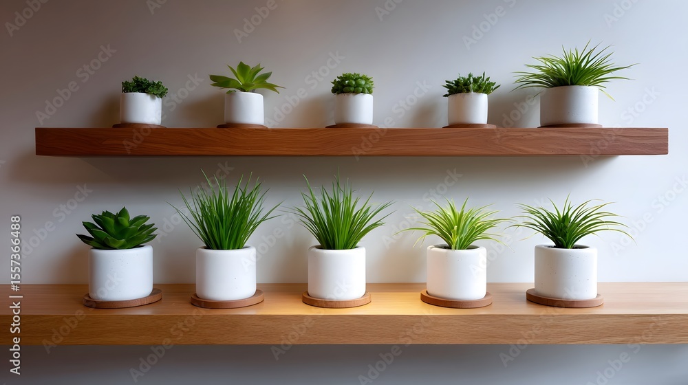 Rows of potted plants displayed on wooden shelves Rows of potted plants displayed on wooden shelves