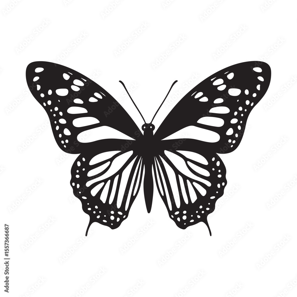 Fototapeta premium Monarch Butterfly silhouette, butterfly vector illustration, Elegant Butterfly Silhouette Icon for Design Projects, Creative black and white vector art.
