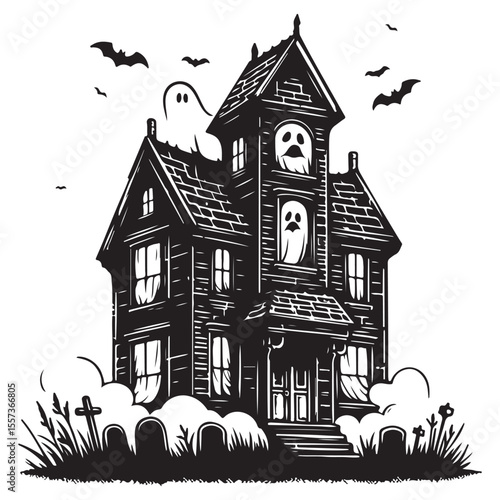 Scary haunted house window, vector image