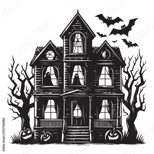 Scary haunted house window, vector image