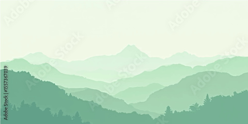 Minimal green mountain layers with fog and pastel color blend in abstract eco background design