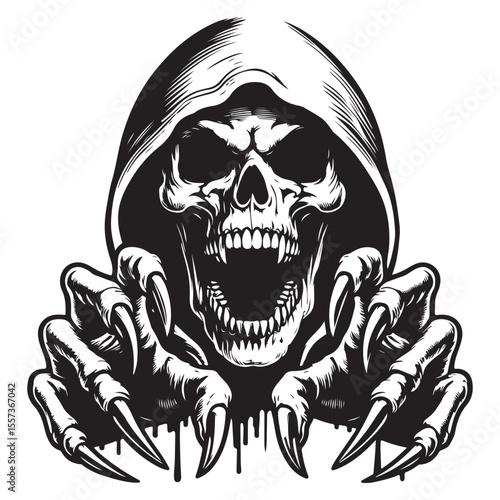 Scary skull with sharp fangs wearing hoodie with open mouth and hands with sharp claws about to grab, vector image.