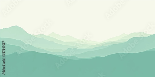 Serene foggy mountain scene in layered green tones with pastel background and minimal design