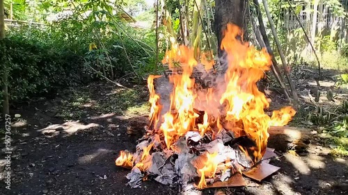 A fire is burning in the forest.