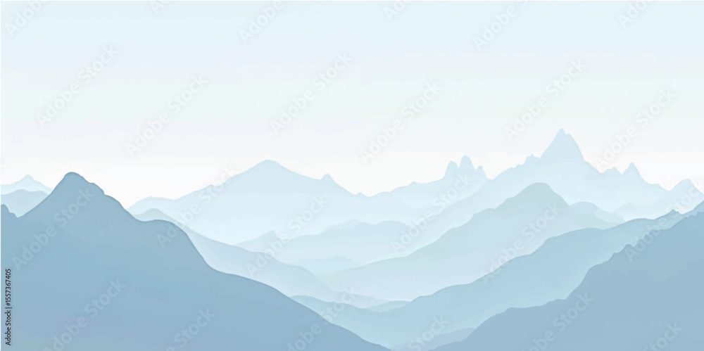 Obraz premium Mountain landscape with layers of mountains and clouds under a misty blue sky at sunrise