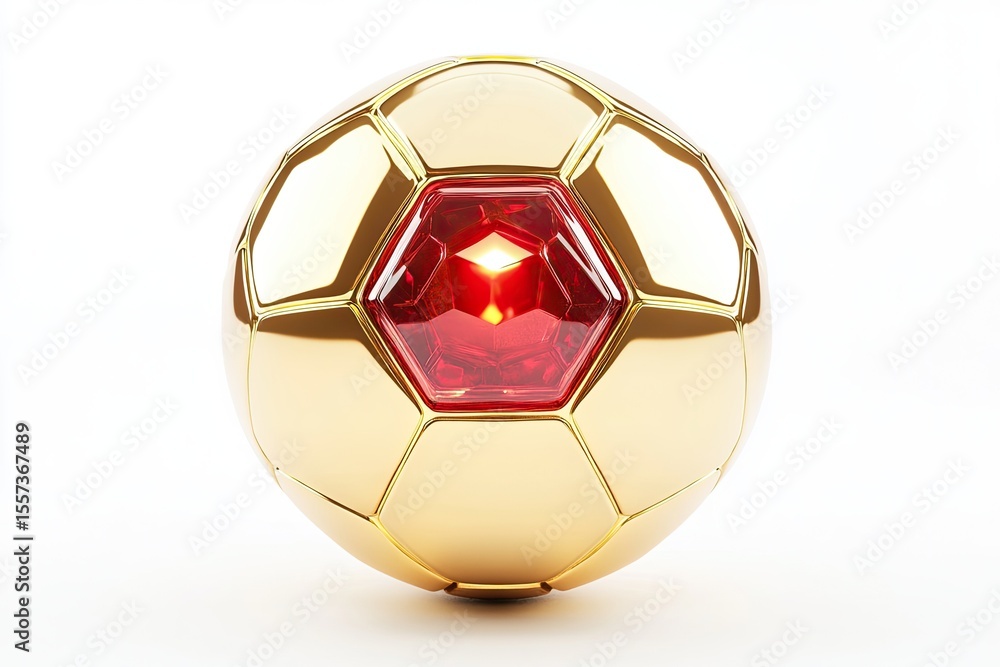 Naklejka premium Golden soccer ball, red gem center