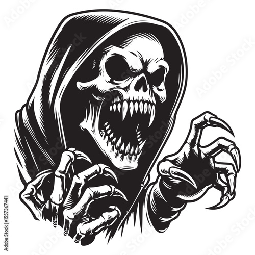 Scary skull with sharp fangs wearing hoodie with open mouth and hands with sharp claws about to grab, vector image.