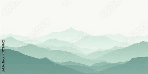 Light green abstract mountain view with foggy landscape layers and natural calm background
