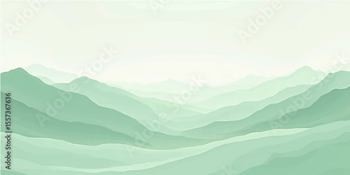 Abstract light green mountain landscape with soft layered hills and gentle misty background tone