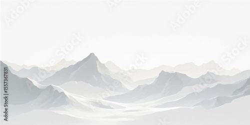  Frosty white winter landscape with snow-covered mountain peaks and light fog illustration