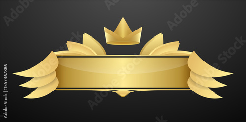 Golden banner with crown and wings isolated on black background