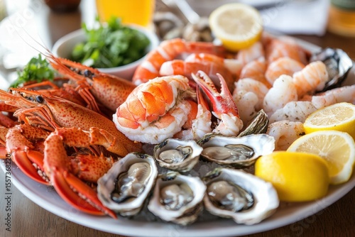 Fresh shellfish platter with lemon and oysters