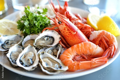 Mixed seafood plate with lobster shrimp and oysters