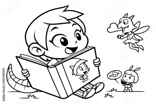a child is reading a book for coloring book, coloring page, kids, back to school