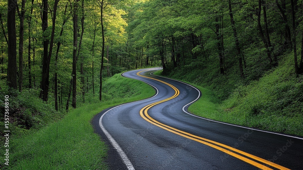 Obraz premium A winding road cuts through a dense green forest, surrounded by lush trees and vibrant foliage on both sides.