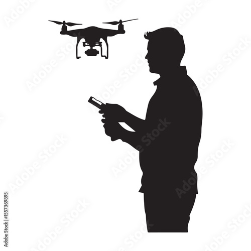 man operating drone silhouette, man operating drone vector silhouette illustration, photographer with drone silhouette vector, Silhouette of Person Operating a Drone with Remote Control