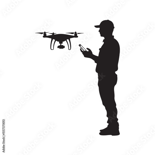man operating drone silhouette, man operating drone vector silhouette illustration, photographer with drone silhouette vector, Silhouette of Person Operating a Drone with Remote Control