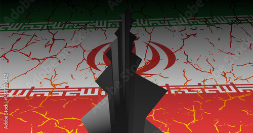 Vector political banner. Split flag of Islamic Republic of Iran. 3d huge wide and deep crack. Bright red yellow cracks and rift. Iranian crisis and conflict.