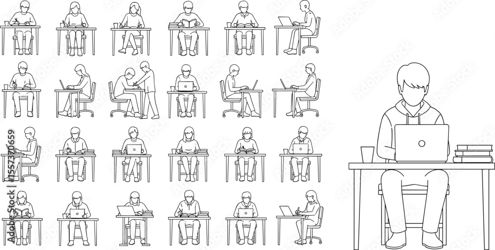 Students working at desk, studying, writing, using laptops, reading books, education line art set, classroom, online learning, school illustration
flat vector illustration Students working at desk, studying, writing, using laptops, reading books, education line art set, classroom, online learning, school illustration
flat vector illustration