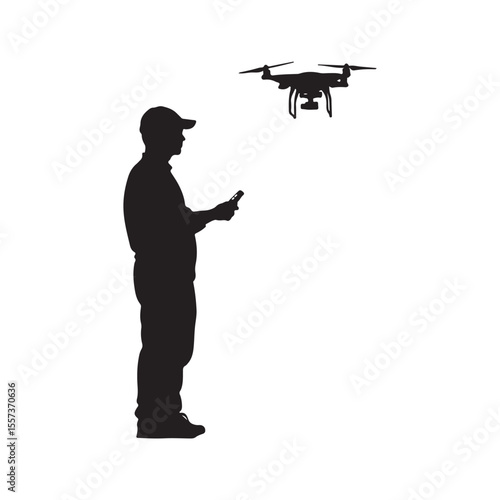 man operating drone silhouette, man operating drone vector silhouette illustration, photographer with drone silhouette vector, Silhouette of Person Operating a Drone with Remote Control