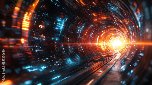 Futuristic tunnel with glowing digital data streams.