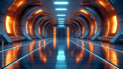 Futuristic tunnel with vibrant orange and blue lighting, sleek metallic design, reflecting polished floor, leading to a dark doorway.