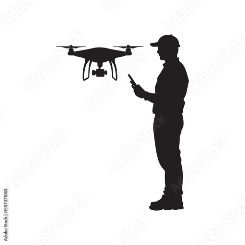man operating drone silhouette, man operating drone vector silhouette illustration, photographer with drone silhouette vector, Silhouette of Person Operating a Drone with Remote Control