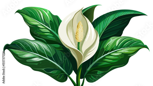 Peace lily with glossy, deep green leaves and one elegant white spathe, close-up view showing the natural curves and subtle highlights, gently diffused light on a white surface.

