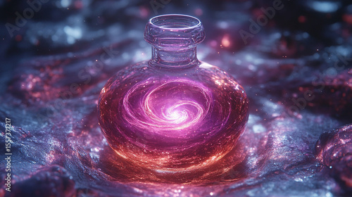Galaxy in a bottle on a shimmering surface