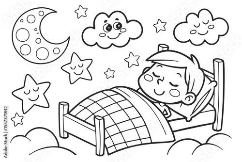 a child is sleeping in bed for coloring book, coloring page, kids