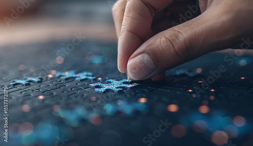 Close-up of a male hand assembling a colorful puzzle piece on a dark surface, creating a soothing atmosphere.