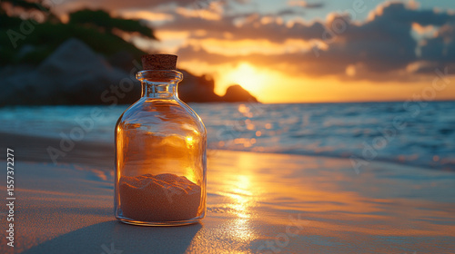 Glass bottle filled with sand on a beach at sunset.  Golden hour, tranquil scene.