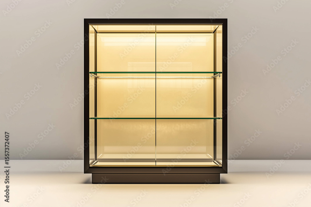 Fototapeta premium Empty wooden display cabinet with glass shelves in a room