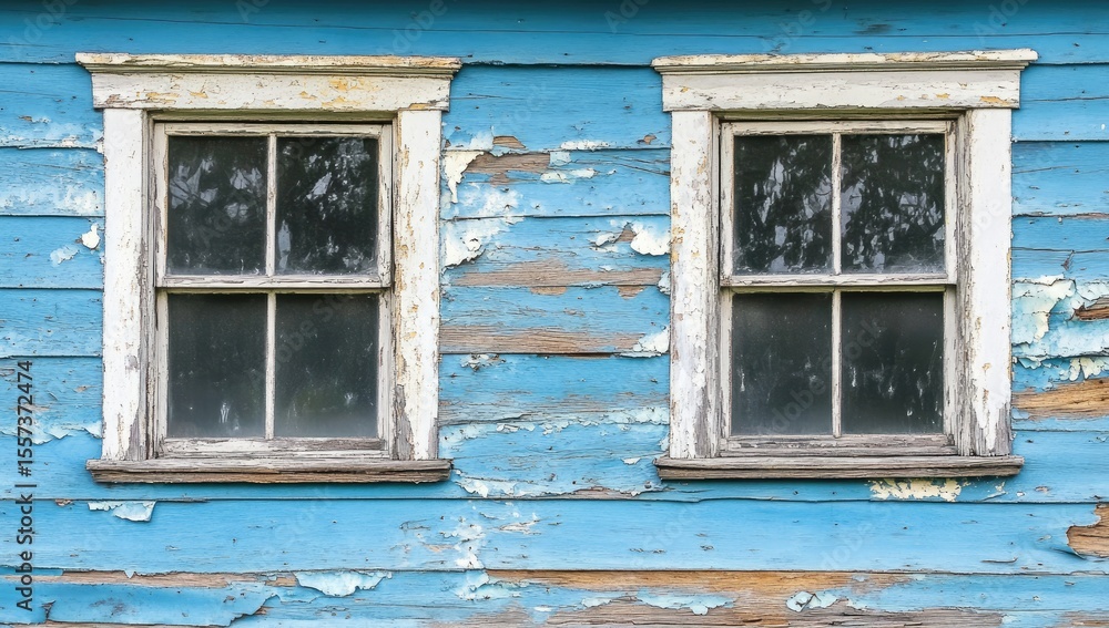 Fototapeta premium Two weathered windows on a faded blue building