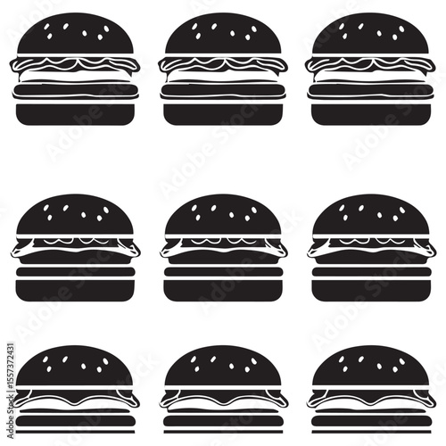 Nine black silhouette hamburgers arranged in a grid on a white background